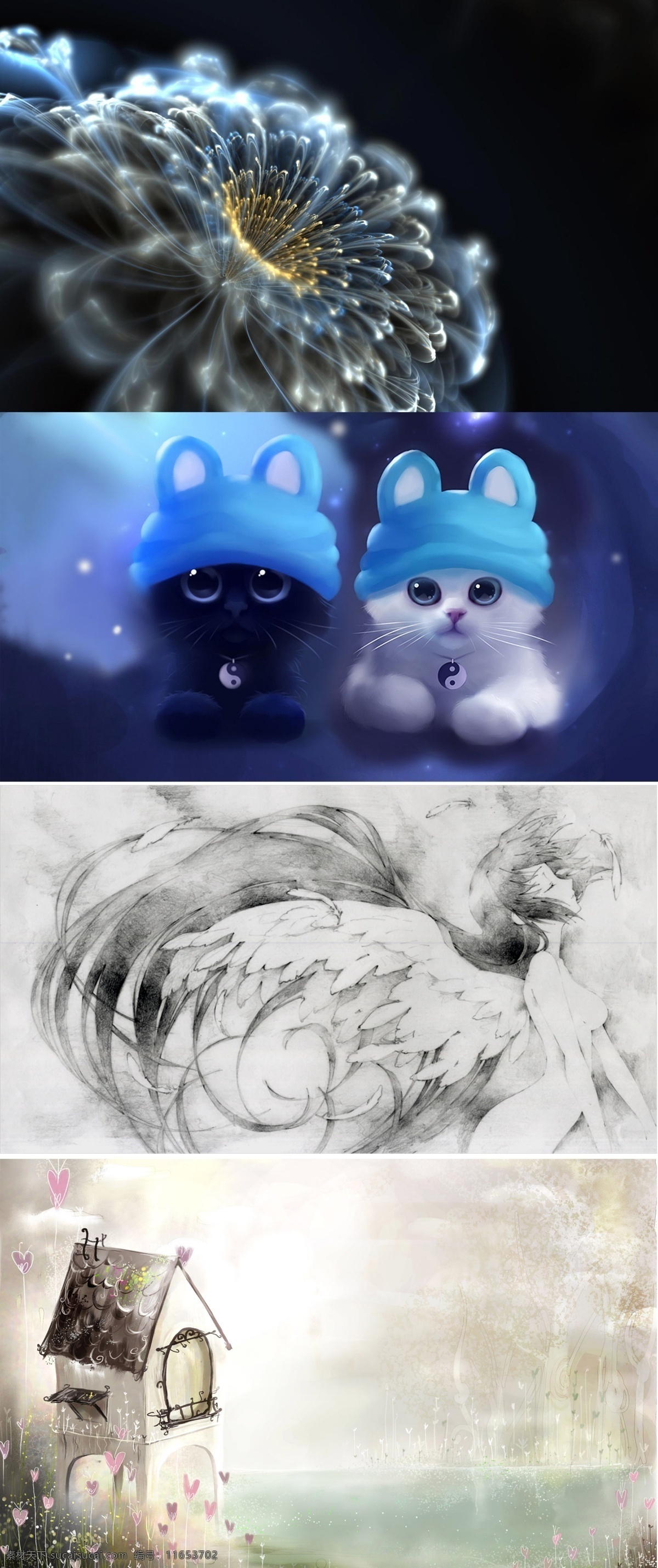 童话 世界 美少女 萌 梦幻素材 蒲公英 小房子 水彩猫咪 psd源文件