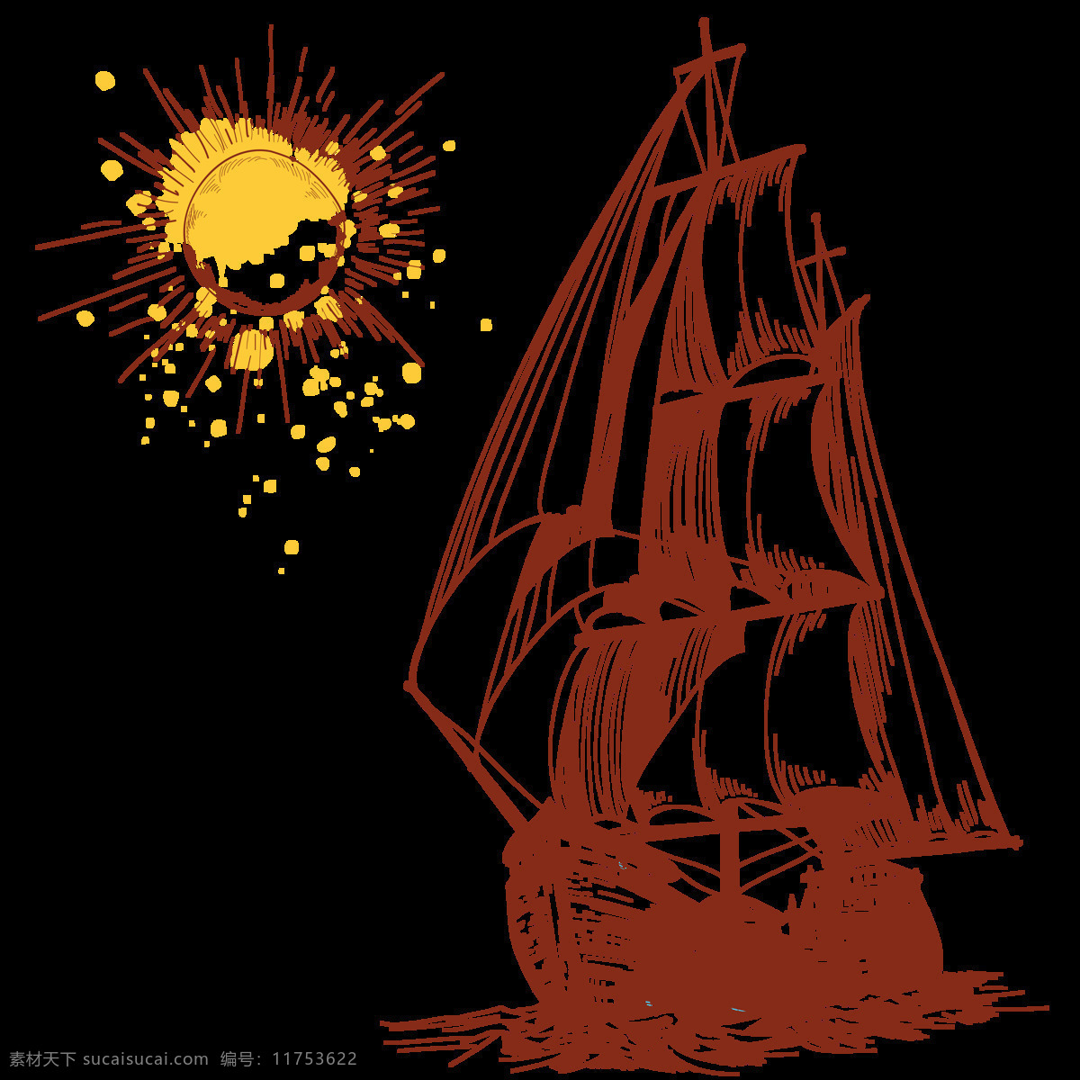 帆船 太阳 线 稿 草图 背景 线稿 png格式