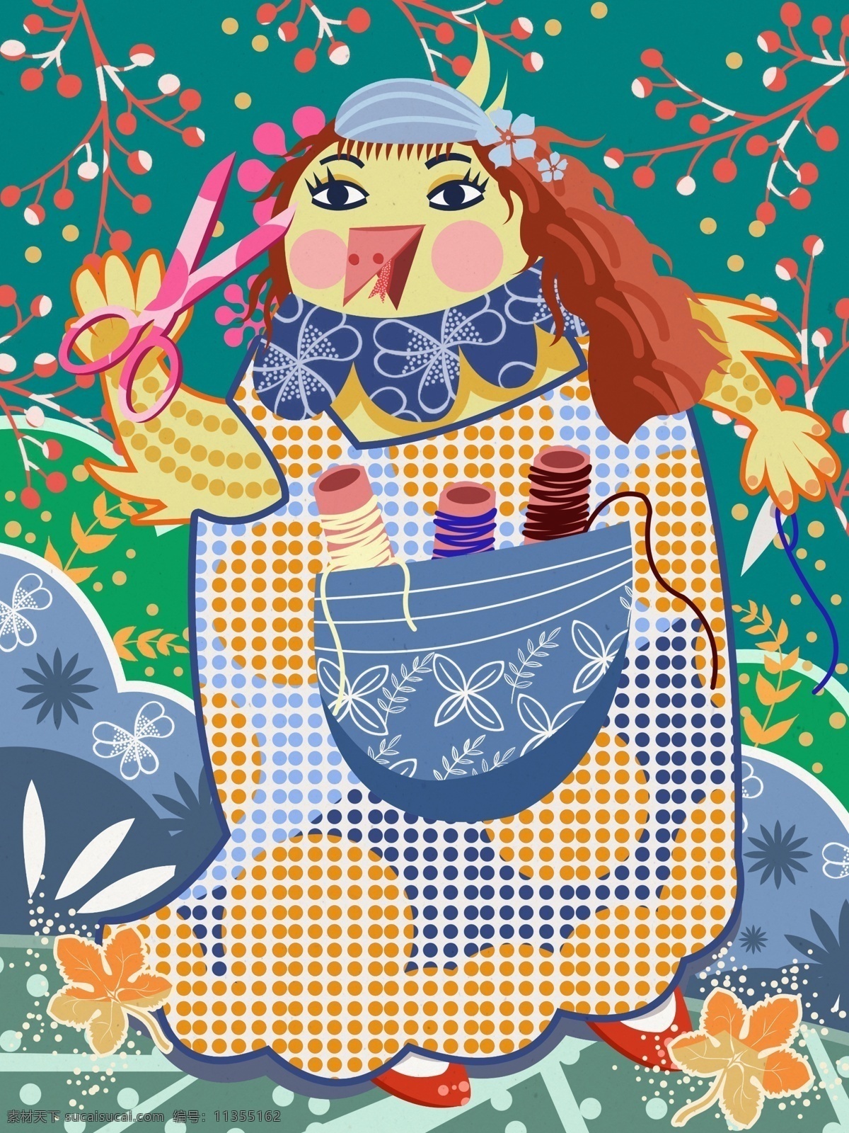 粗线条 扁平 风鸟 女孩 剪刀 植物 落叶 复古 插画 扁平风 鸟女孩