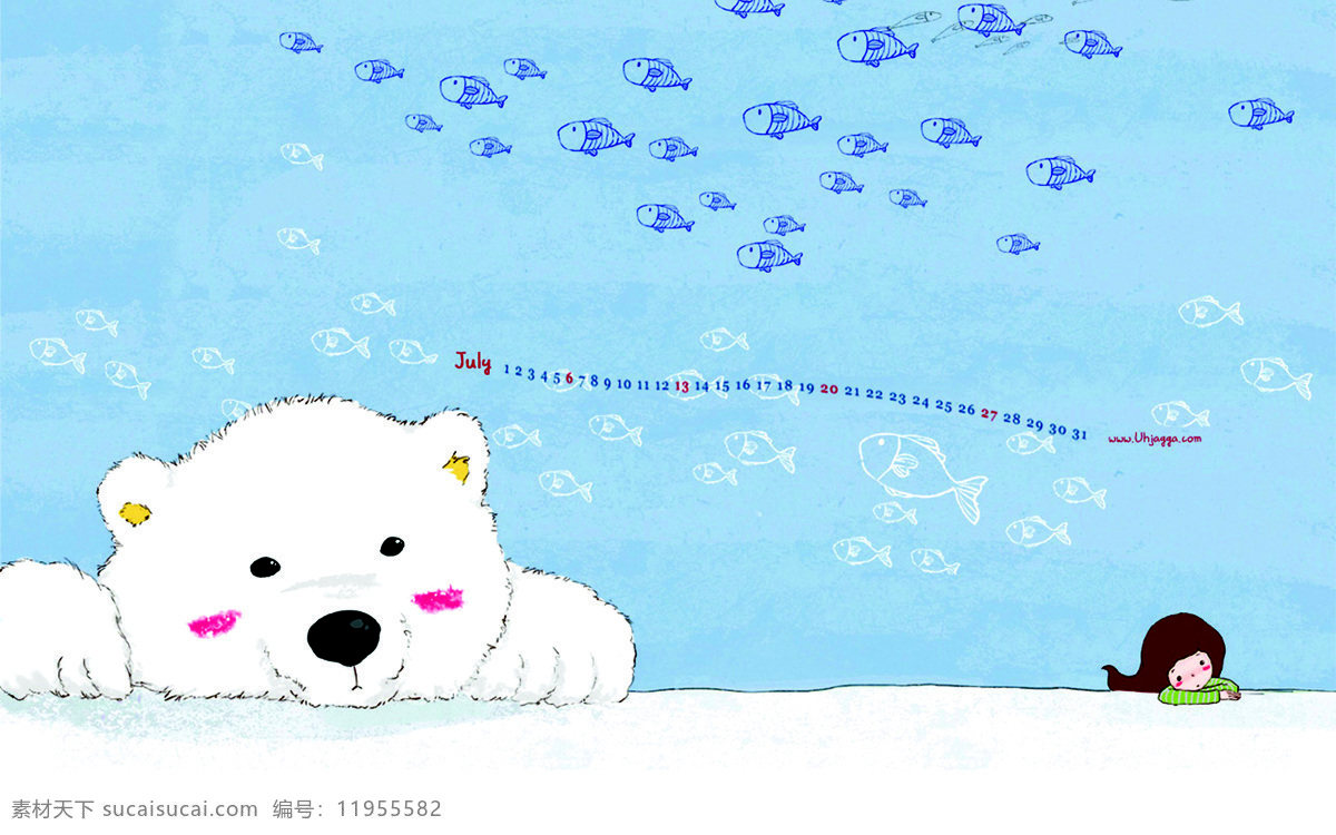 画 儿童免费下载 小女孩 熊 鱼 装饰素材