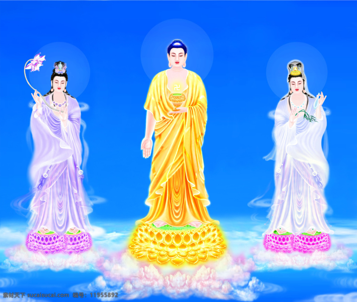 三圣 观音 莲花 设计图库 神 文化艺术 宗教信仰 三圣像 如来佛主 云中