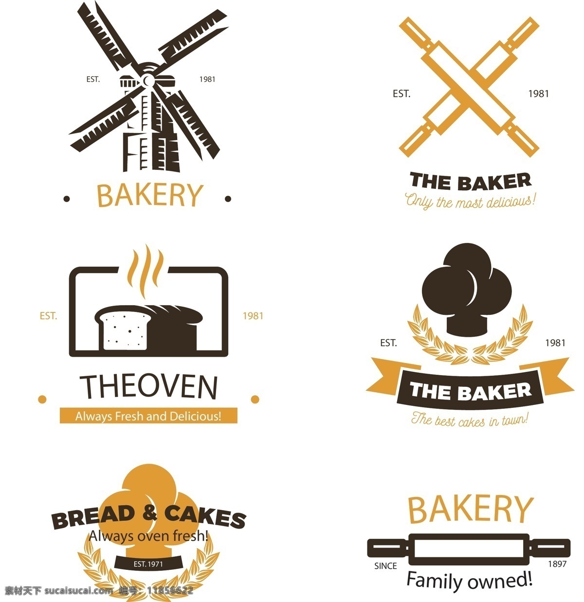 创意 面包店 标志 矢量 风车 兔子 小麦 蛋糕 甜点 擀面杖 咖啡店 徽标 食品标志