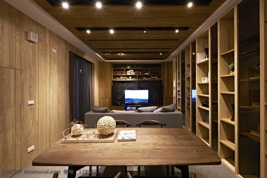 极 简 创意 木制 书房 装修 效果图 分格书架 木制墙壁 木制天花板 射灯 室内装修 书房设计