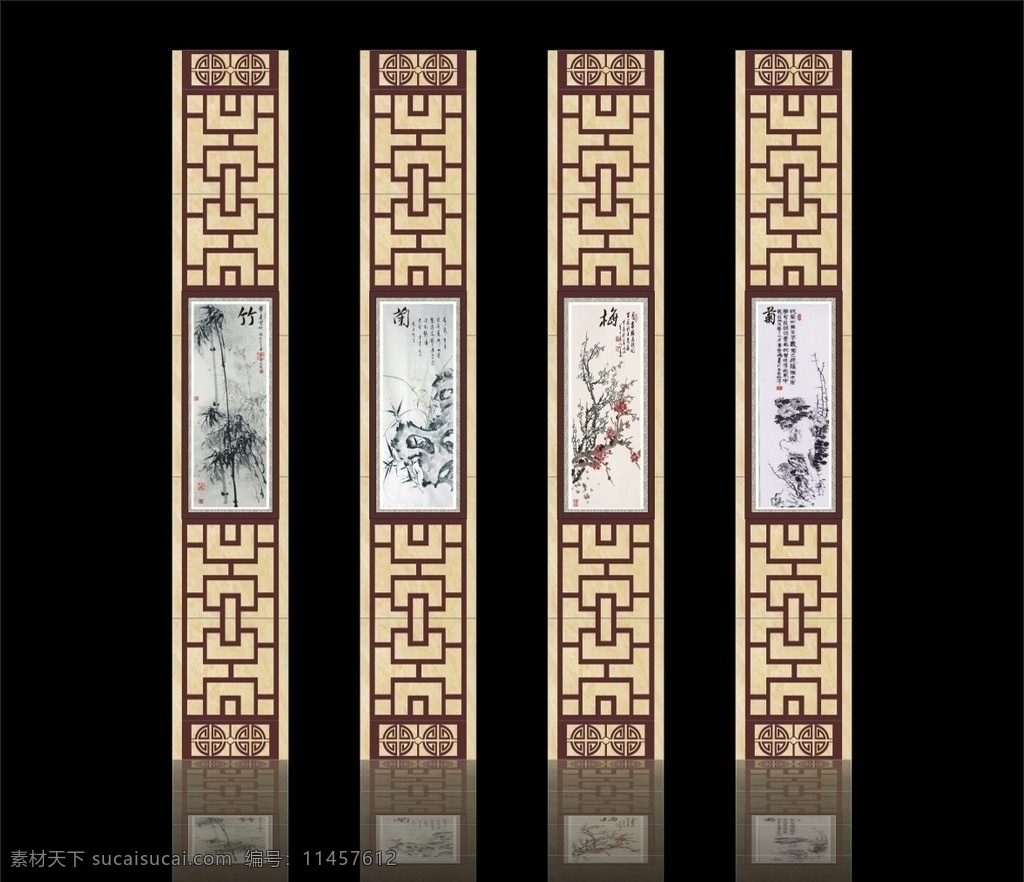 柱子装饰 柱子包装 柱子美化 橱窗柱子 中式格子 雕花 画格 室内设计 建筑家居 矢量