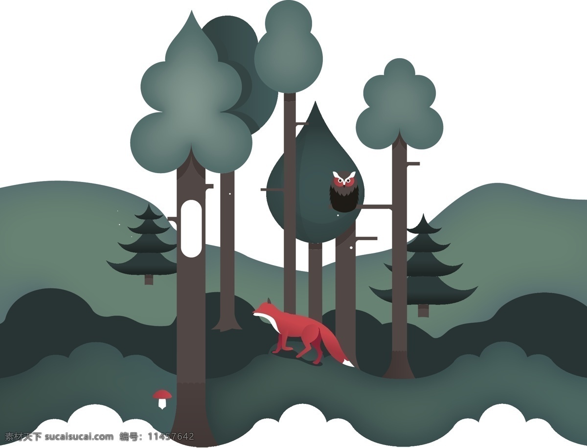 狐狸 猫头鹰 森林 森林里的动物 森林场景 卡通 花纹 封面 儿童 童话 自然景观 自然风光