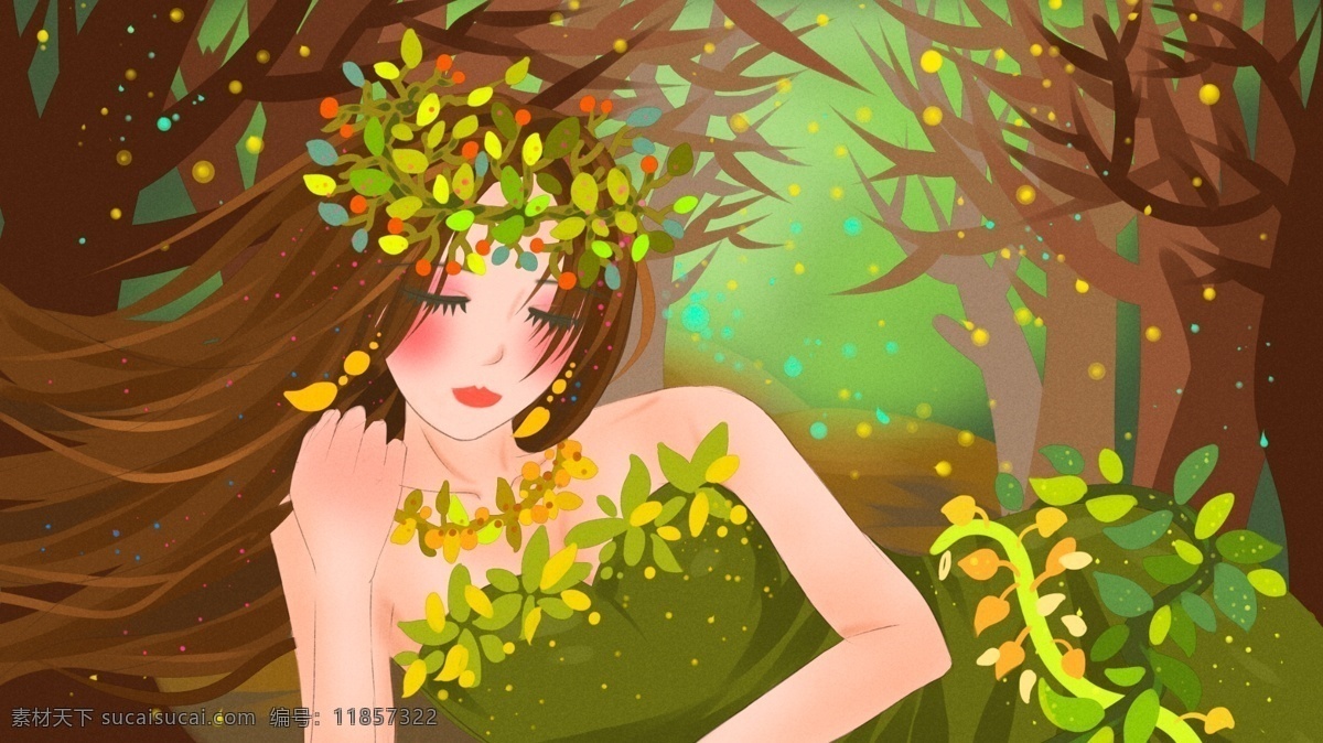 森林 公主 绿色 林子 里 睡 午觉 清新 插画 树林 女孩 树叶 森林公主 睡觉 裙子 花环 美丽