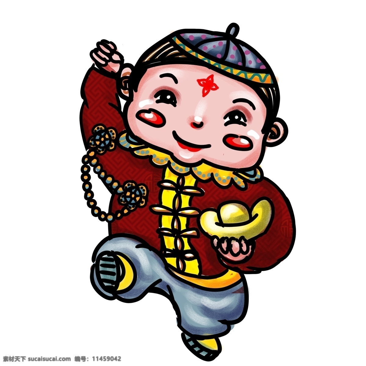 中国 风 捧 金元宝 年画 娃娃 中国风 插画 卡通 男孩 年画娃娃 手绘 新春 春节元素
