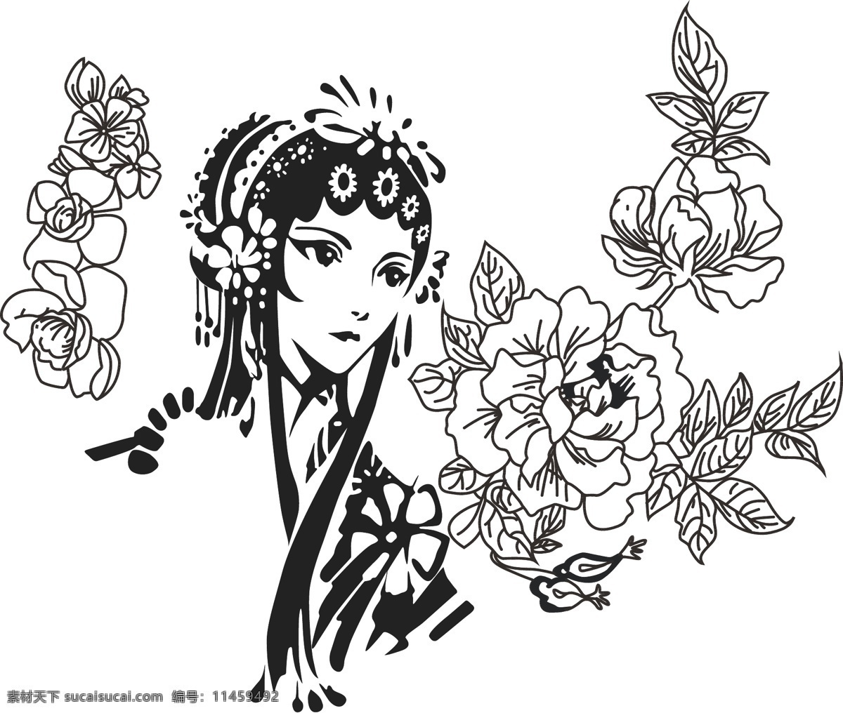 古代戏子 玫瑰花 牡丹 花朵 艺术 牡丹花 艺术风 绘描矢量图 文化艺术 传统文化
