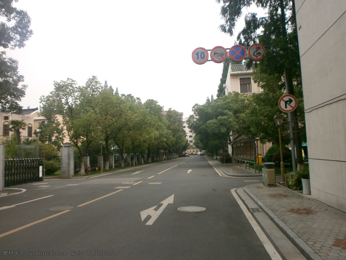 道路 道路指示牌 风景摄影 建筑景观 自然景观 小区 小区道路 小区的路 柏油马路 路边的树木 道路摄影 psd源文件