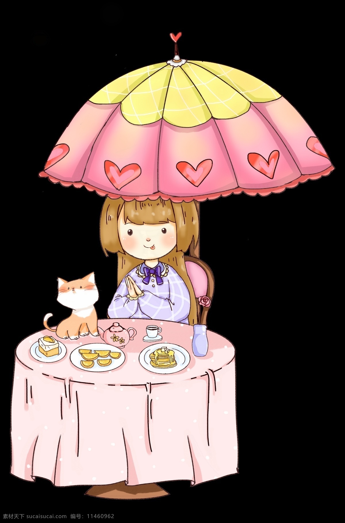 喝 下午 茶 小女孩 女神 节 人物 插画 粉色的雨伞 红色的爱心 漂亮的小女孩 黄色的猫咪 卡通人物