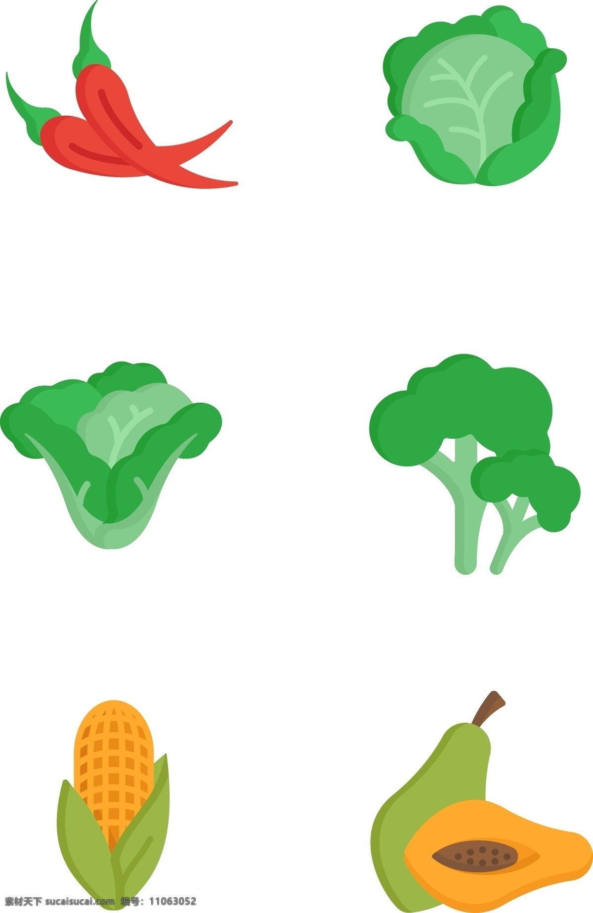 好吃 蔬菜 插画 图标 扁平化 拟物 好吃的 美味的 辣椒 白菜 卷心菜 菜花 玉米 木瓜 有趣的 可爱的