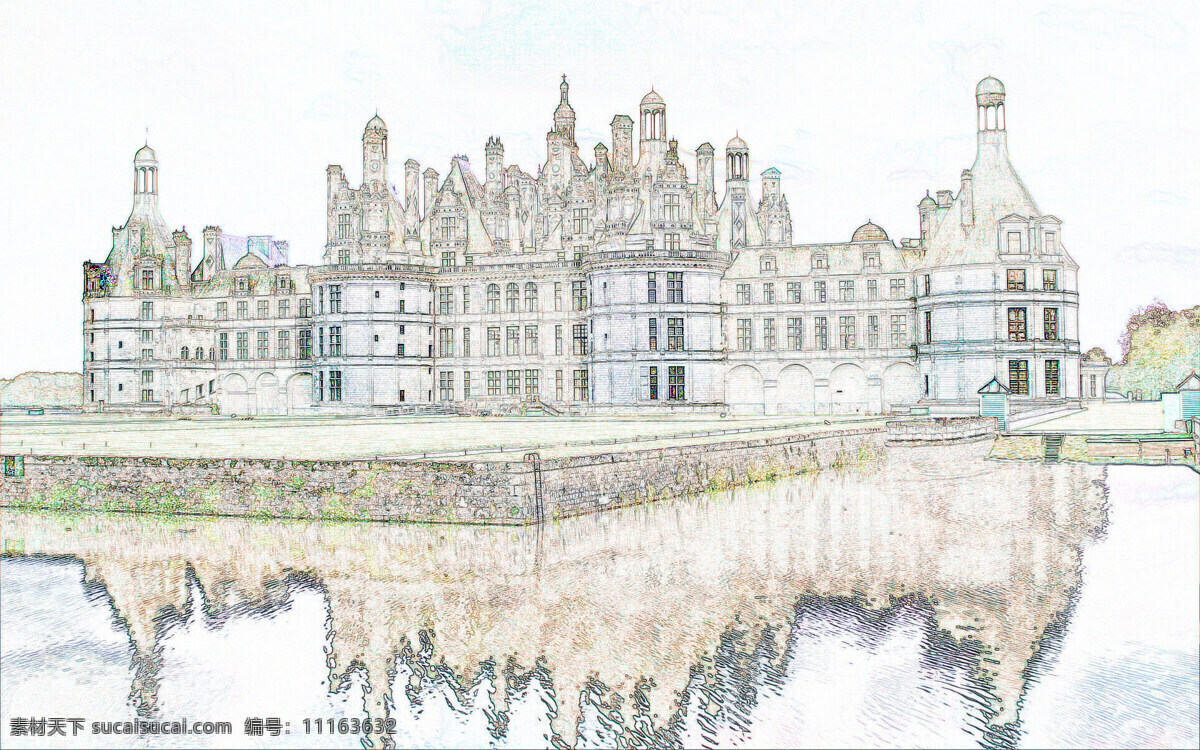 水上 城堡 手绘 油画 背景图片