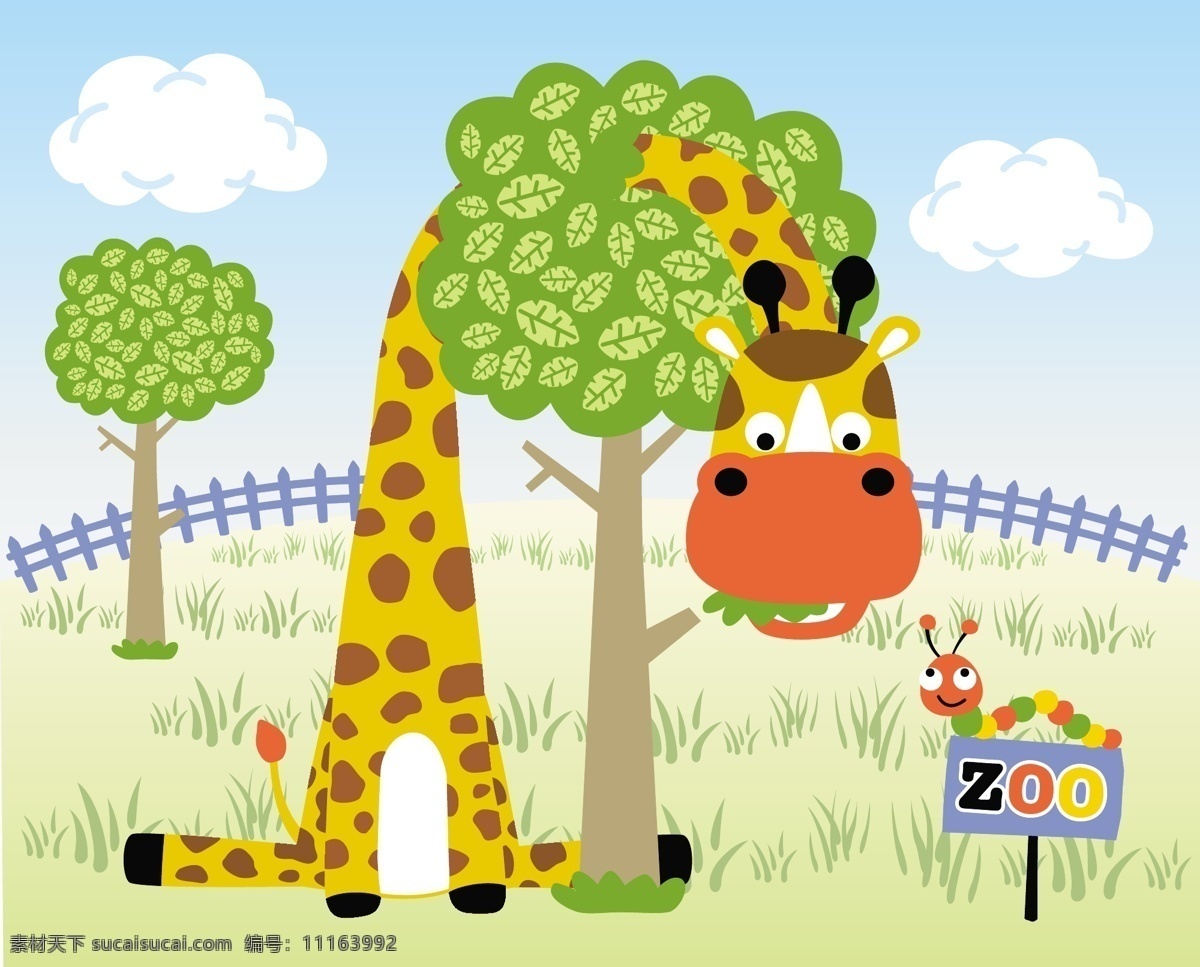 可爱 动物园 长颈鹿 儿童 插画 蓝天 白云 大树 草地 森林 蓝色栅栏 儿童插画