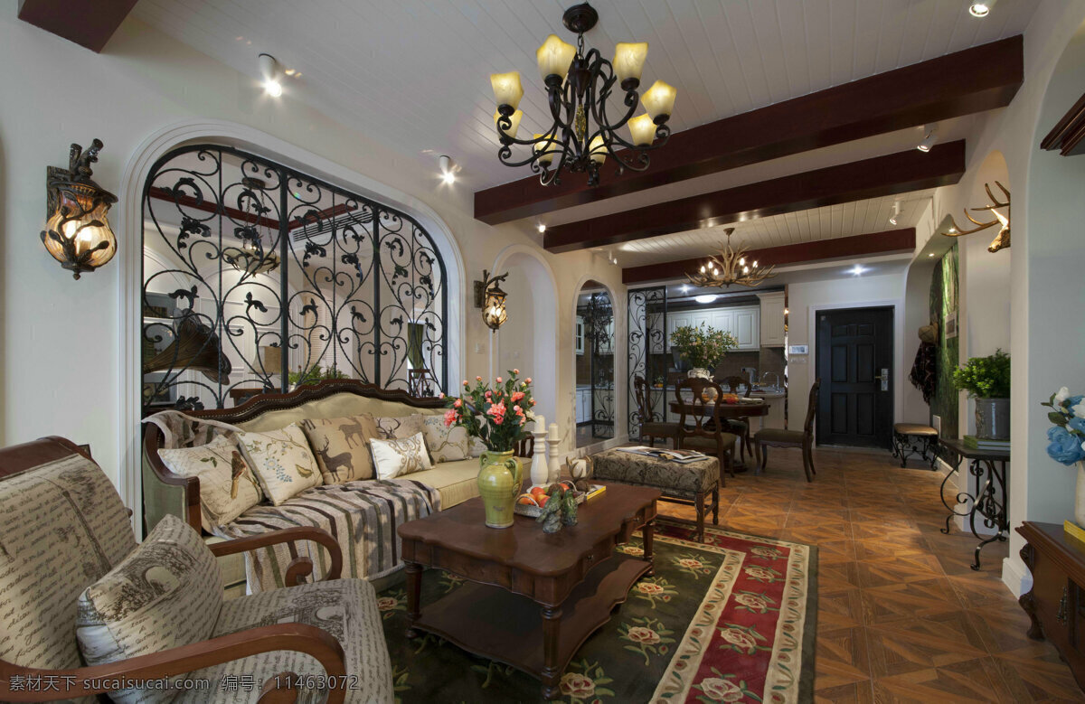 欧式 复古 客厅 褐色 吊灯 室内装修 效果图 客厅装修 褐色吊灯 浅色沙发 木地板