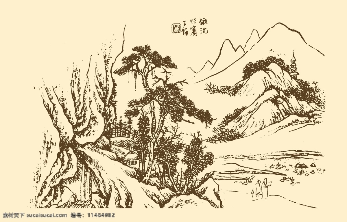芥子园画谱 山水 国画 中国画 水墨画 写意画 山水画 树石 分层 源文件