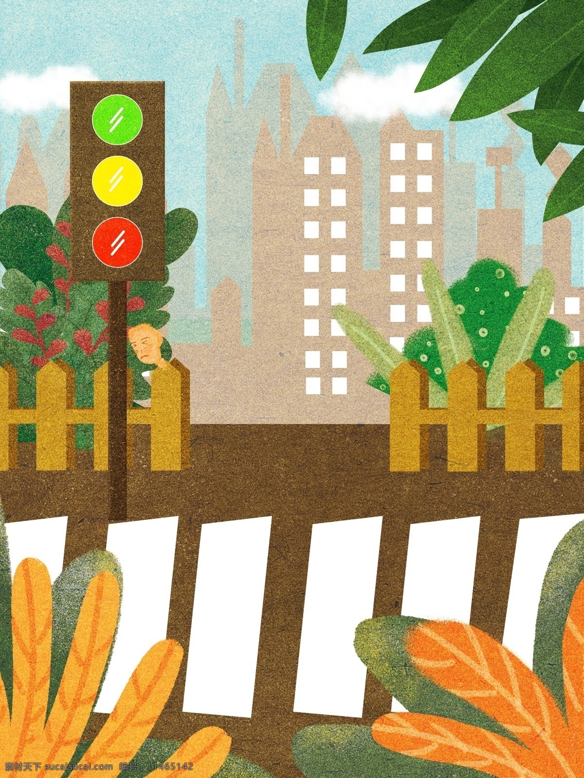 安全 出行 文明 交通 插画 背景 马路背景 红绿灯 路边背景 斑马线背景 植物