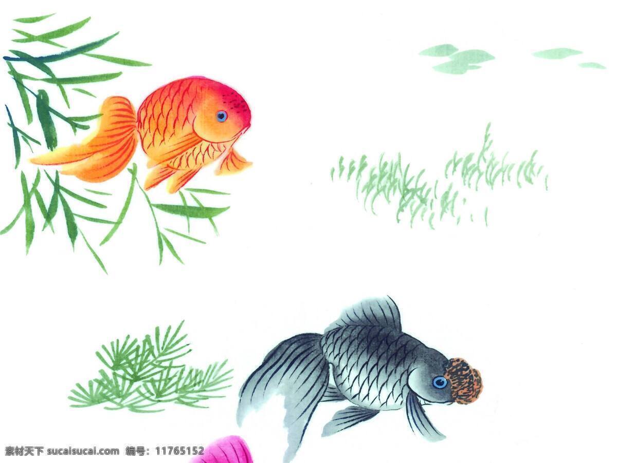 中国 风 水墨画 鱼 中国风 手绘 白色