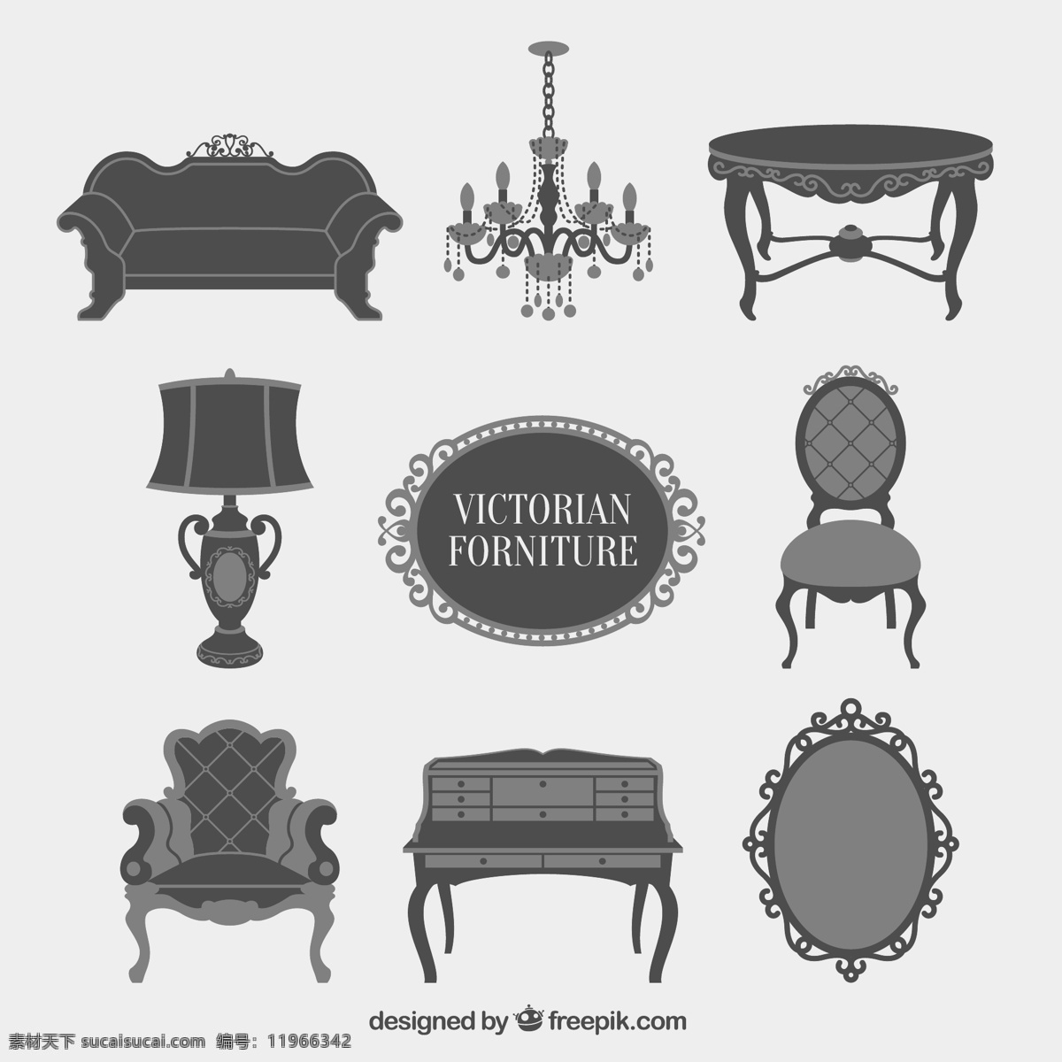 灰色 维多利亚 家具 图标 集 复古 时钟 平面 灯 皇家 椅子 平面设计 镜子 旧 经典 插图 平面图标 白色