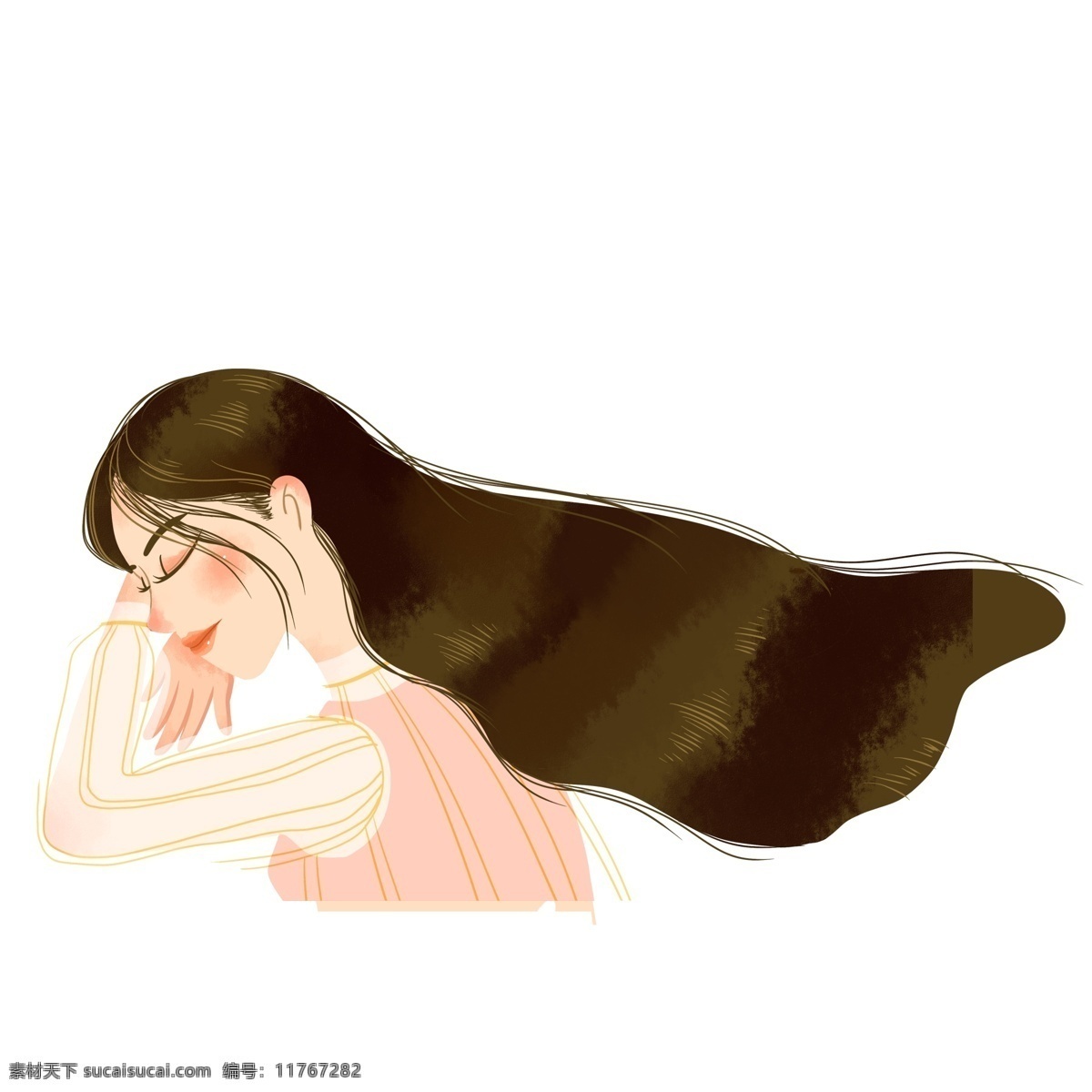 手绘 可爱 趴 女孩 商用 元素 清新 趴着 人物设计 长发女生