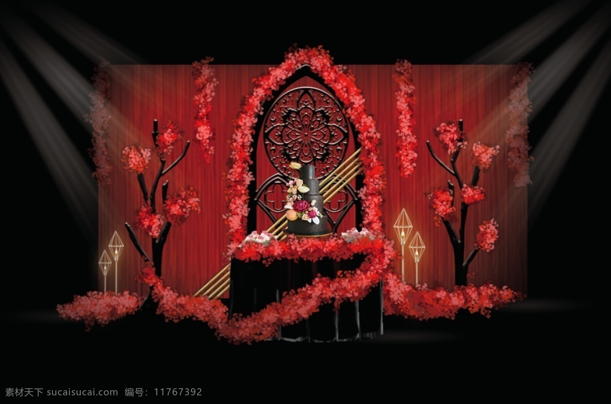 红 黑 婚礼 甜品 区 红黑色 鲜花装饰 铁艺门 圆桌 效果图 哥特风 纱幔造型 铁艺装饰 异型路引 婚礼甜品