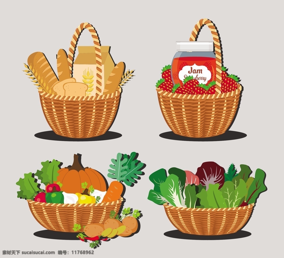 蔬菜 篮子 矢量 面包 草莓 南瓜 矢量素材 蔬菜篮子 青菜 西红柿