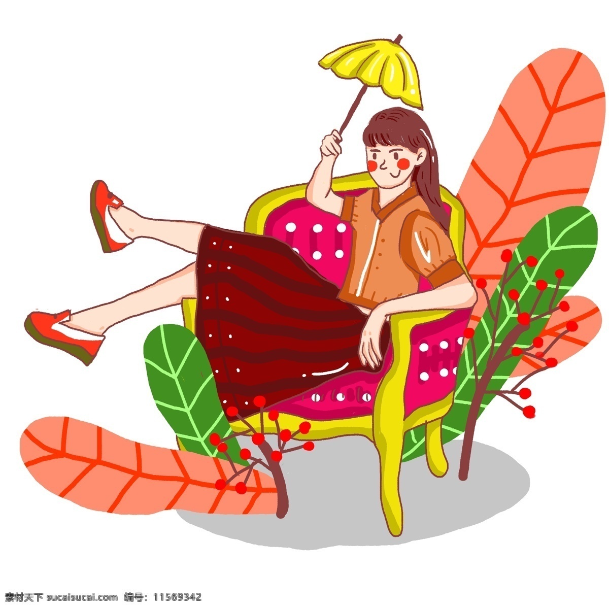 卡通 手绘 插图 梦幻 少女 很 中 二 源文件 插画 绿色 叶子 可爱 中二 粉色 黄色 沙发 害羞 裙子