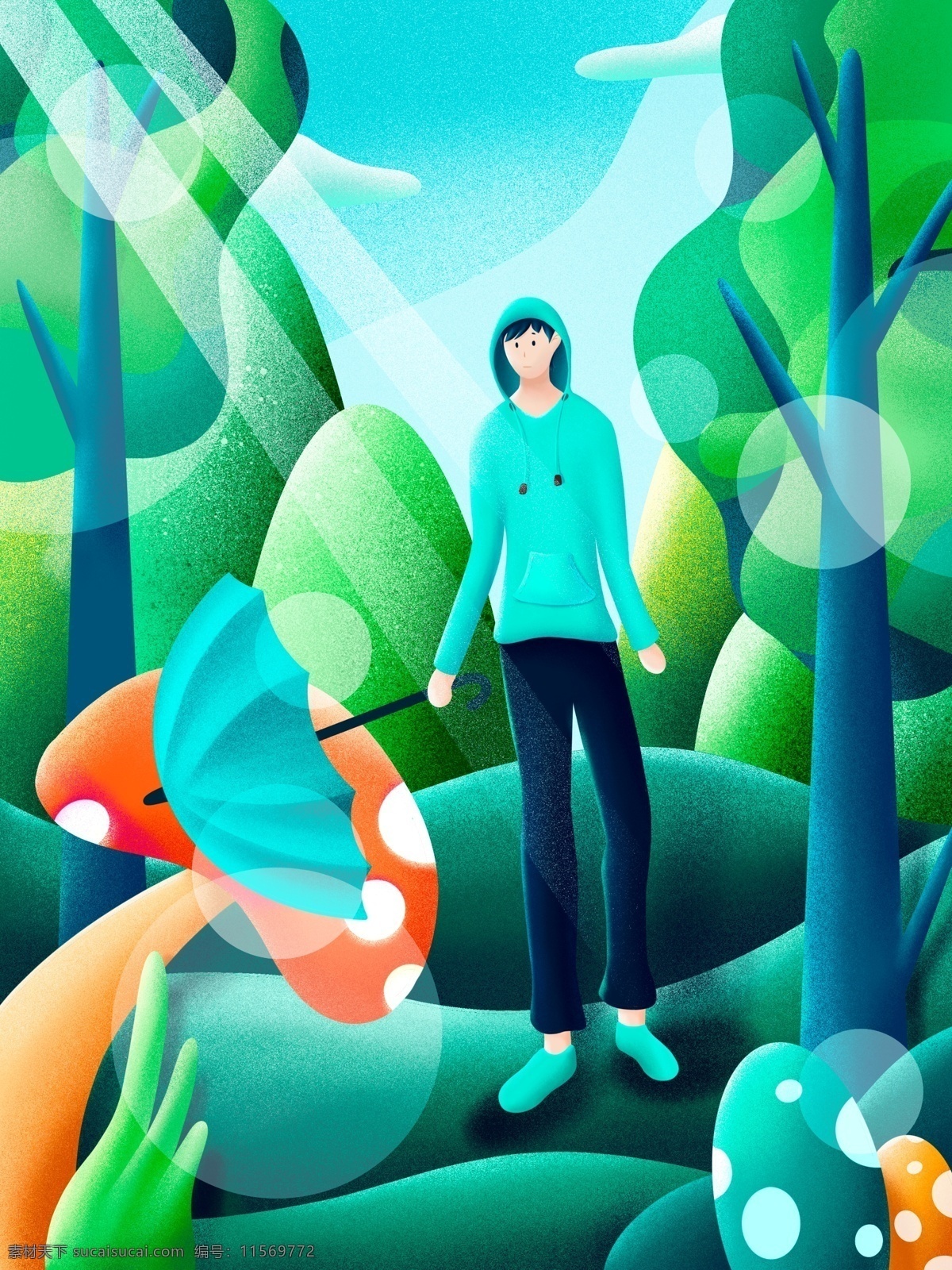春天 你好 户外 漫步 男孩 手绘 海报 插画 壁纸 你好春天 春分 自然 森林 植物 清新 丛林 光