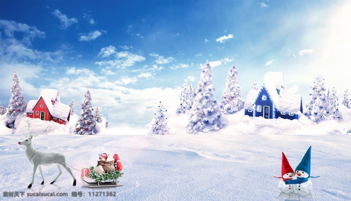蓝天 白云 白色 圣诞节 背景 源文件 雪地 麋鹿 雪橇 圣诞树 装饰图案