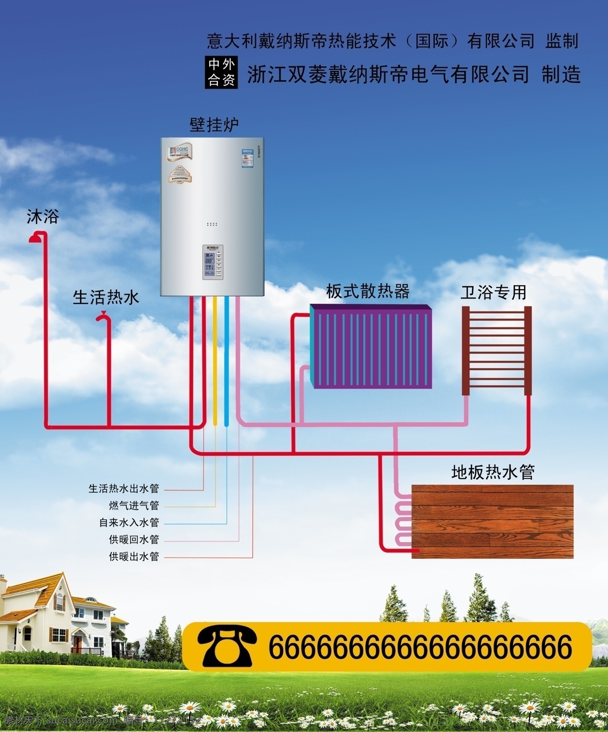 壁挂炉海报 壁挂炉 热水器 天然气壁挂炉 戴纳斯帝 蓝天草地 草地别墅 壁挂炉示意图 喵 酱 房地产 专题 分层