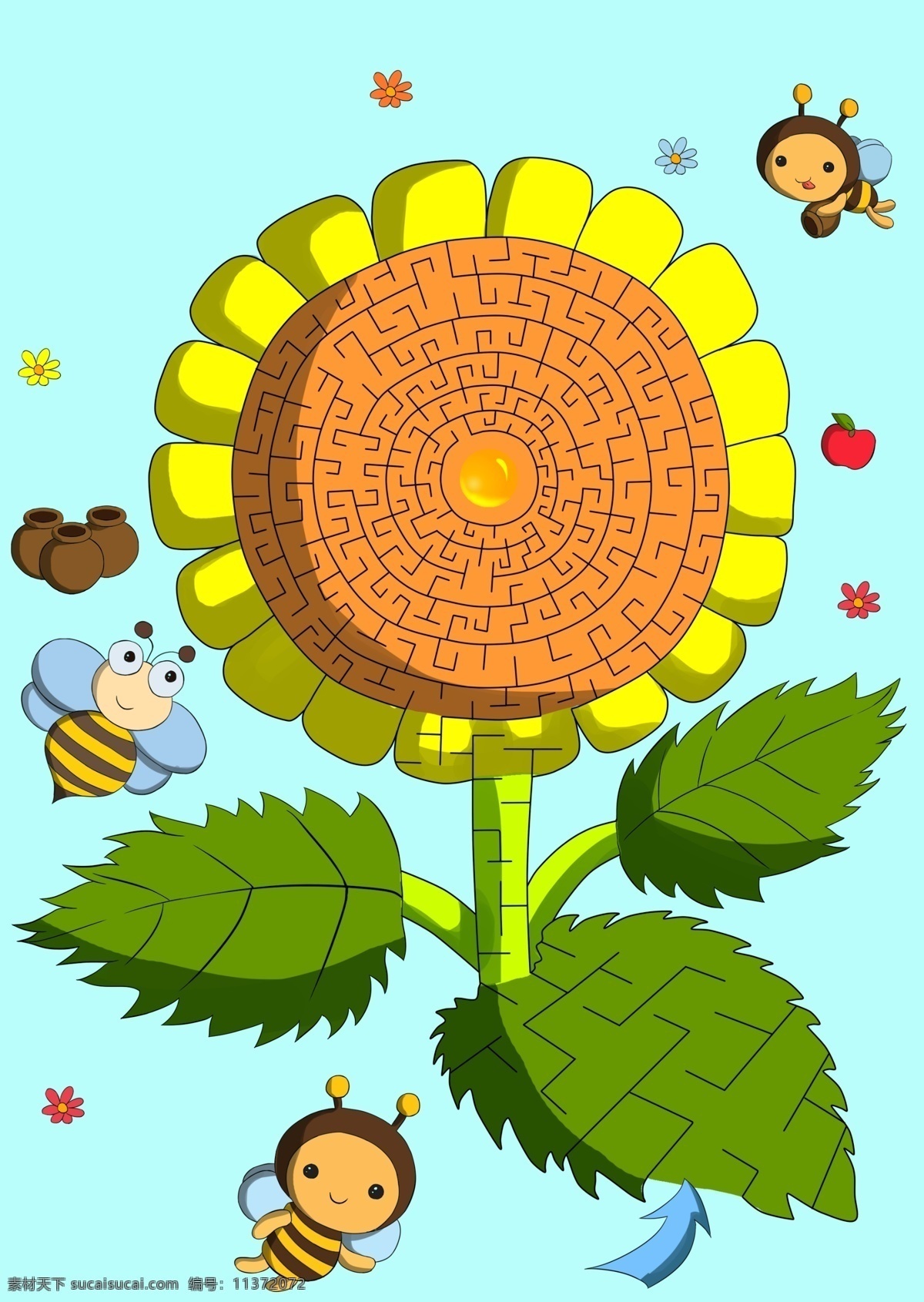向日葵迷宫 迷宫 插画 向日葵 小蜜蜂 植物 金色 奇趣迷宫插画 自然景观