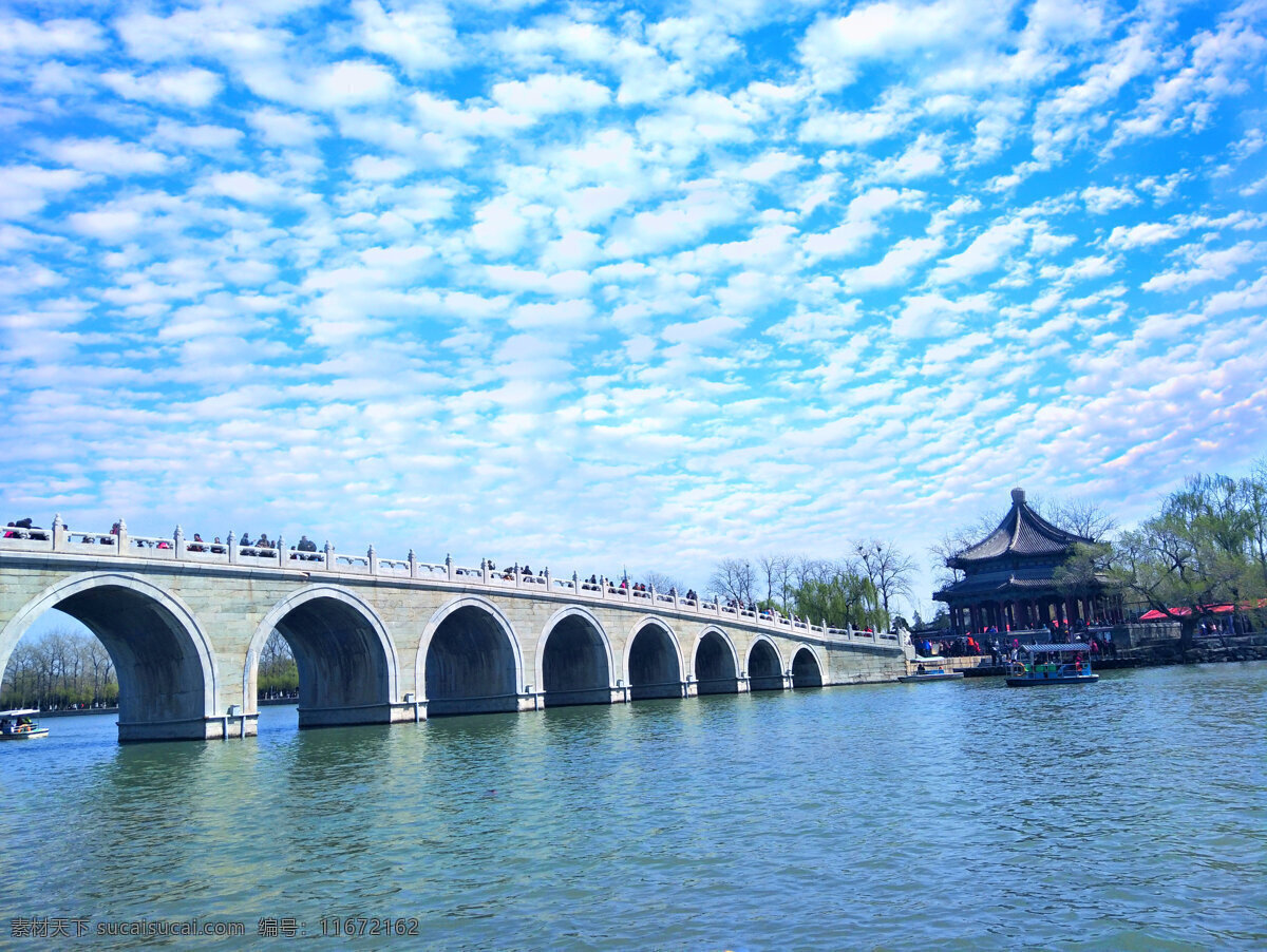 颐和园 十七孔桥 北京 园林 建筑 水面 小桥 蓝天 天空 绿树 水乡 自然景观 自然风景