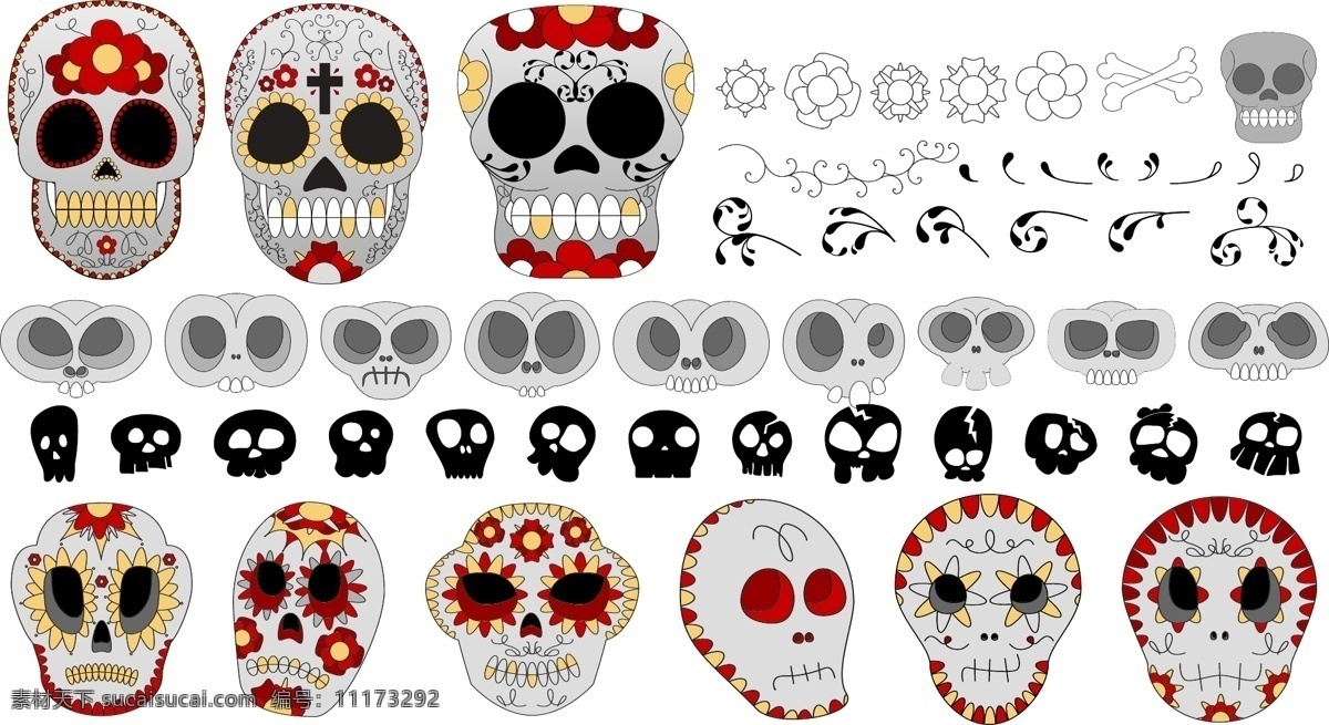 可爱涂鸦骷髅 骷髅 可爱 骨骼 外星人 涂鸦 花纹 鲜花 十字架 牙齿 矢量素材 其他矢量 矢量