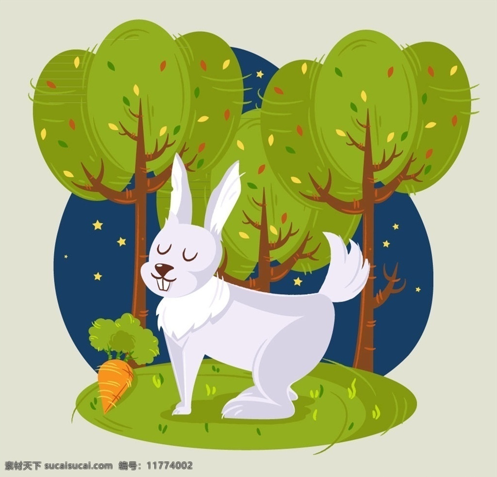 森林 里 白兔 草地 星星 动物 夜晚 兔子 矢量 高清图片