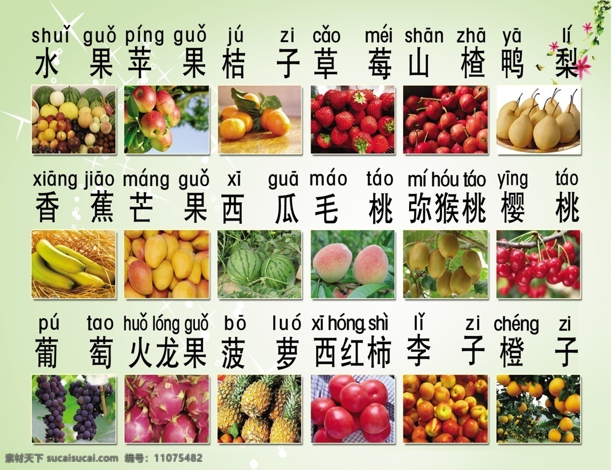 水果拼音 水果 各种水果 看图识字 拼音识字 拼音 分层 源文件