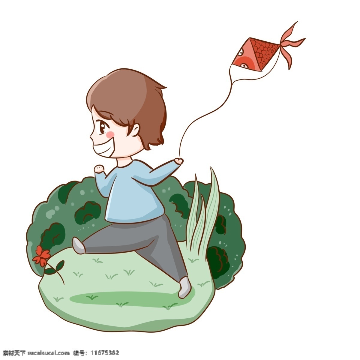 放风筝 小 男孩 手绘 插图 元素 可爱 春天 奔跑 草地 开心 小男孩 配图