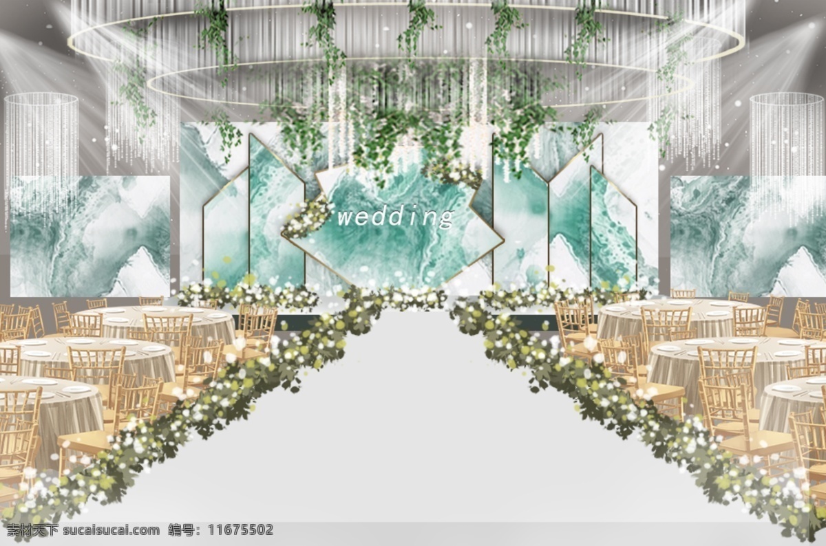 白 绿色 婚礼 效果图 白绿色 泼墨绿 吊顶 花艺 不规则形状 桌椅