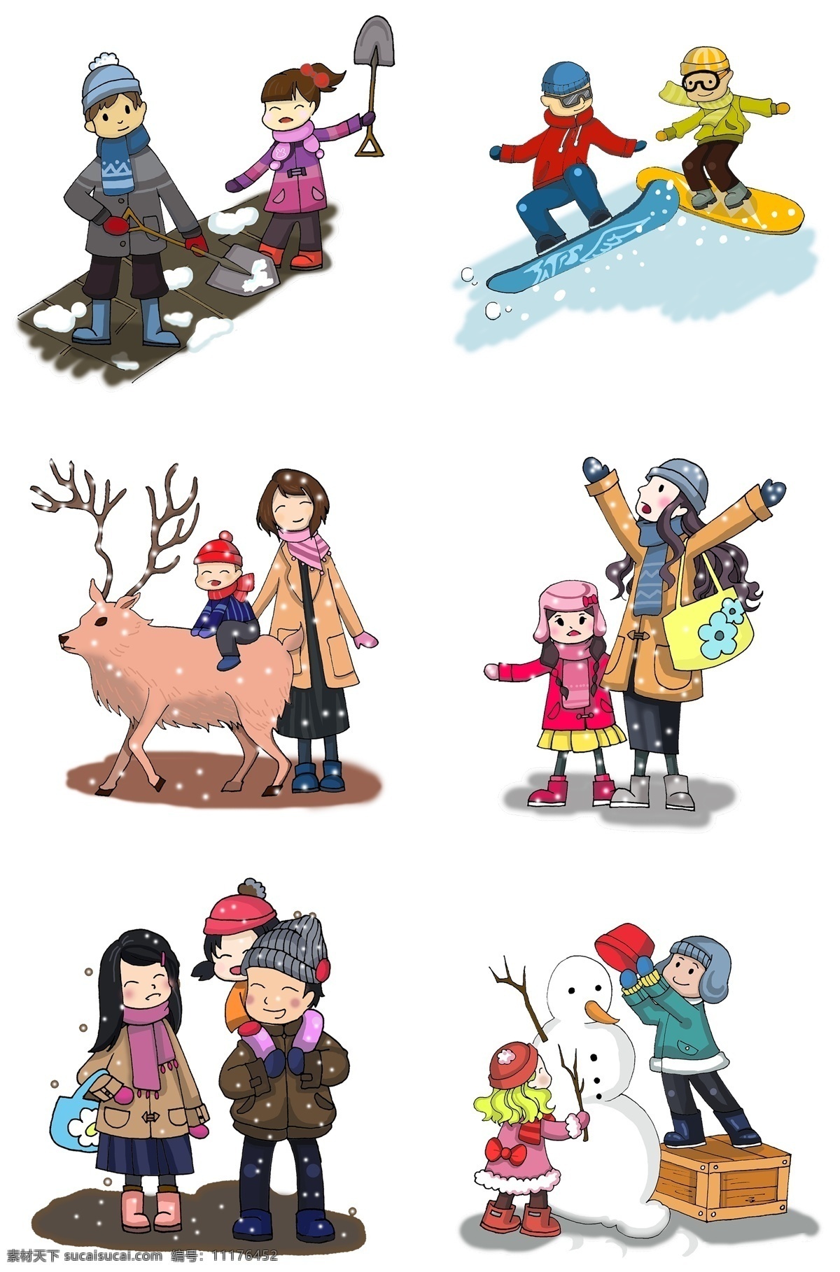 冬天 冬装 亲子 装 卡通 插画 堆雪人 两个男孩滑雪 妈妈和小孩 亲子装 妈妈 温情的一家 兄妹堆雪人 骑 麋鹿 小孩