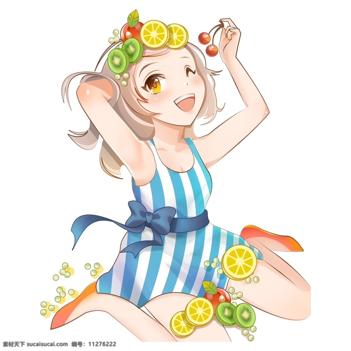唯美 水果 女孩 人物 透明素材 人元素 水果女孩 可爱风 蓝衣女孩