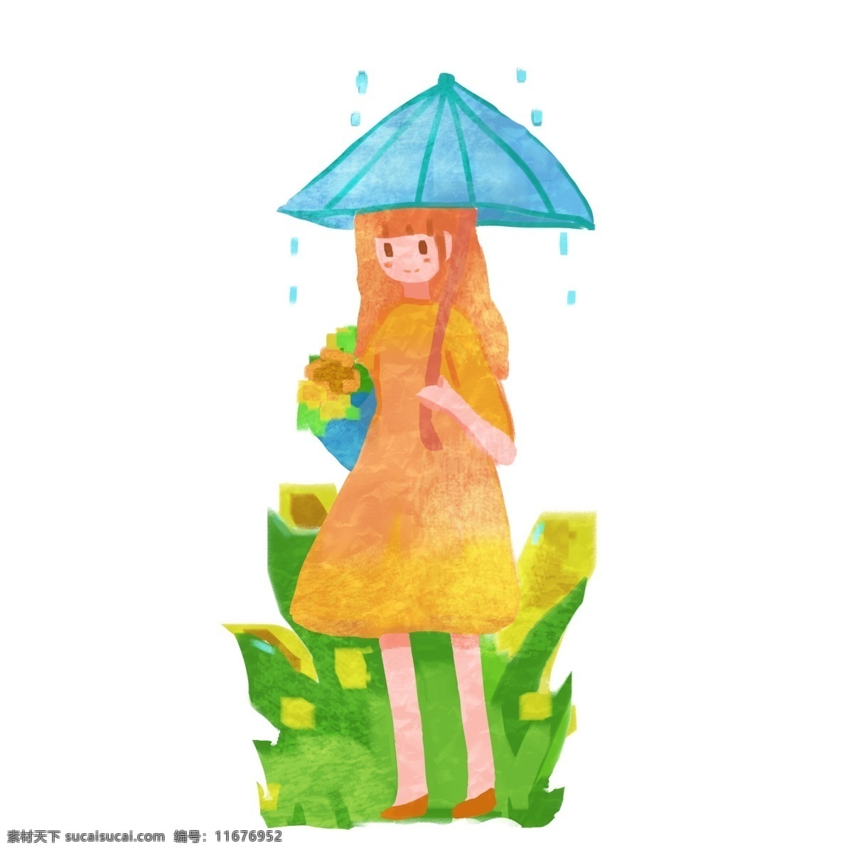 清明节 雨伞 女孩 插画 蓝色的雨伞 卡通的插画 清明节插画 清明节游玩 清明节玩耍 避雨的女孩
