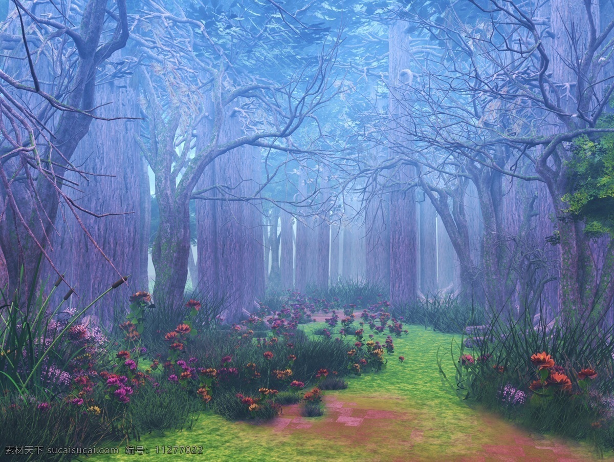 童话背景 梦幻背景 森林 梦幻 背景 唯美 树林 林荫小道 大自然 花草 花朵 草地 风景漫画 动漫动画 蓝色
