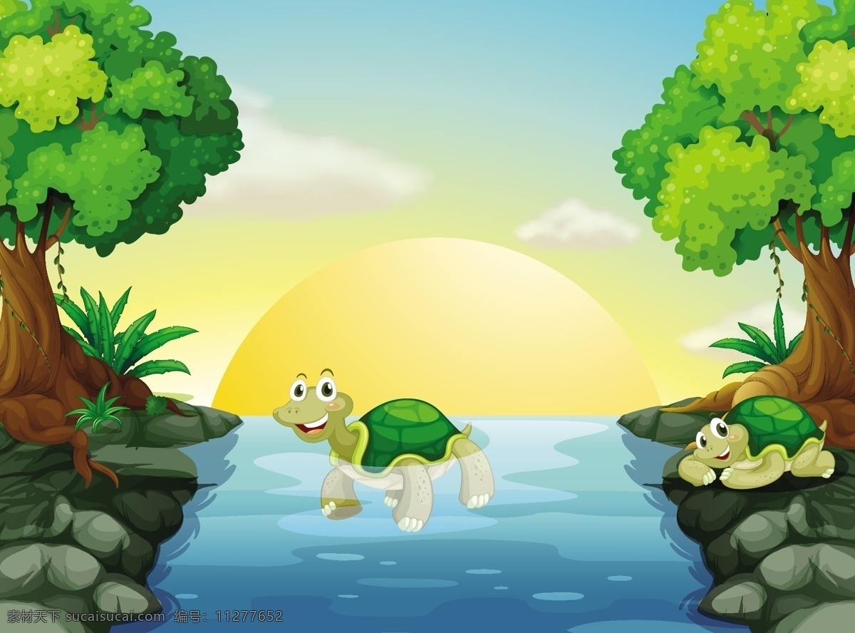 游泳 乌龟 矢量 风景 插画 河水 小溪 绿色 大树 小树 蓝天 白云 卡通