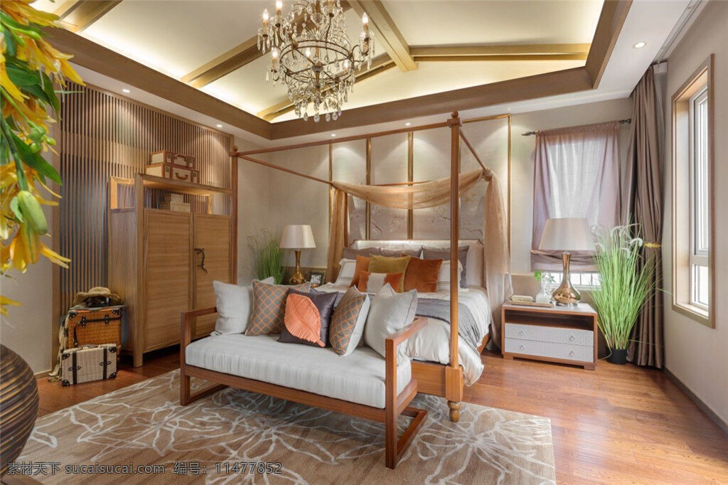 东南亚 时尚 卧室 白色 水晶灯 室内装修 效果图 卧室装修 木地板 白色床品 浅褐色地毯