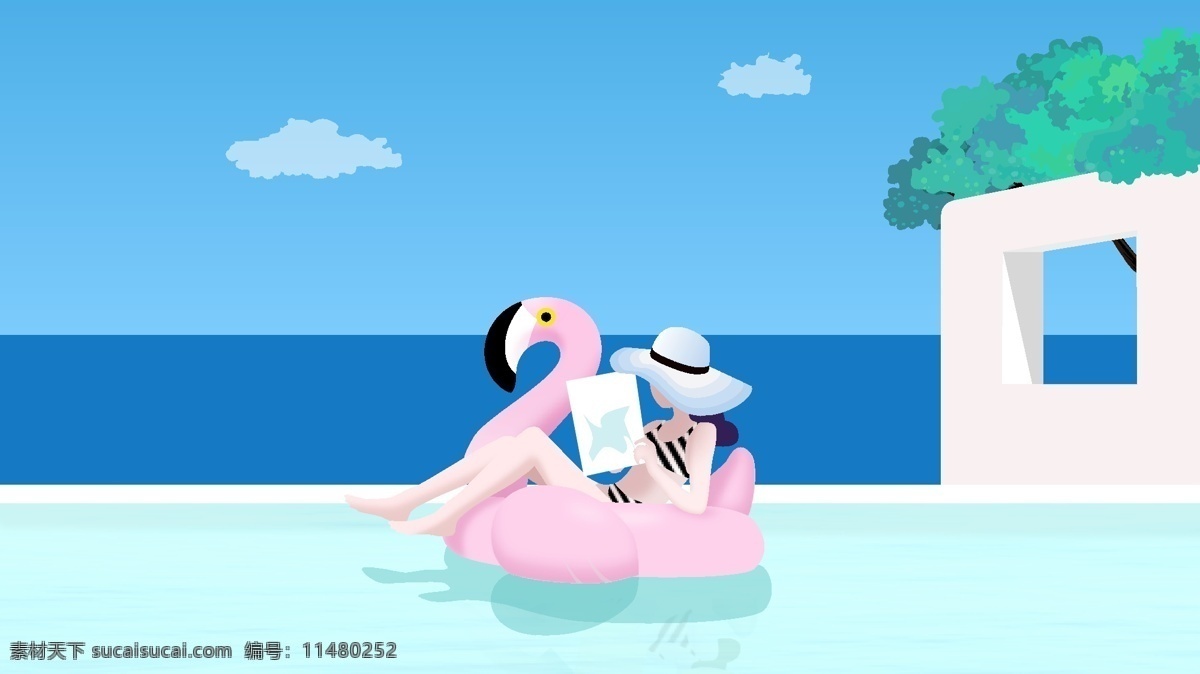 原创 插画 少女 夏天 蓝色 海边 游泳 女孩 清新 大海 少女的夏天 粉色 火烈鸟 清凉 夏日