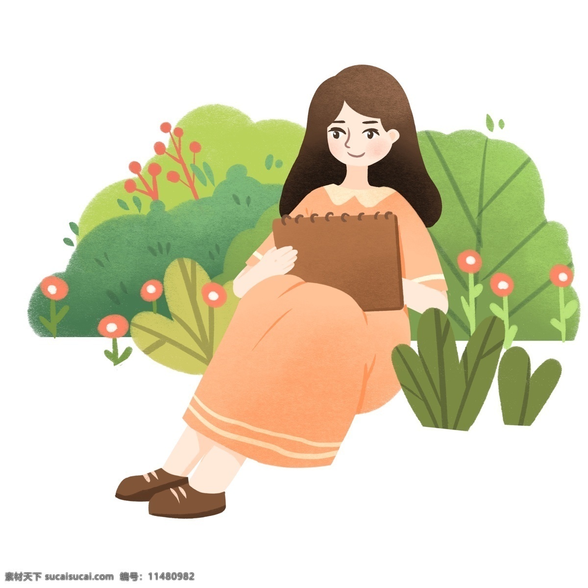 春游 踏青 写生 插画 写生的女孩 卡通插画 春游踏青 郊游 踏青旅游 外出游玩 绿色的植物