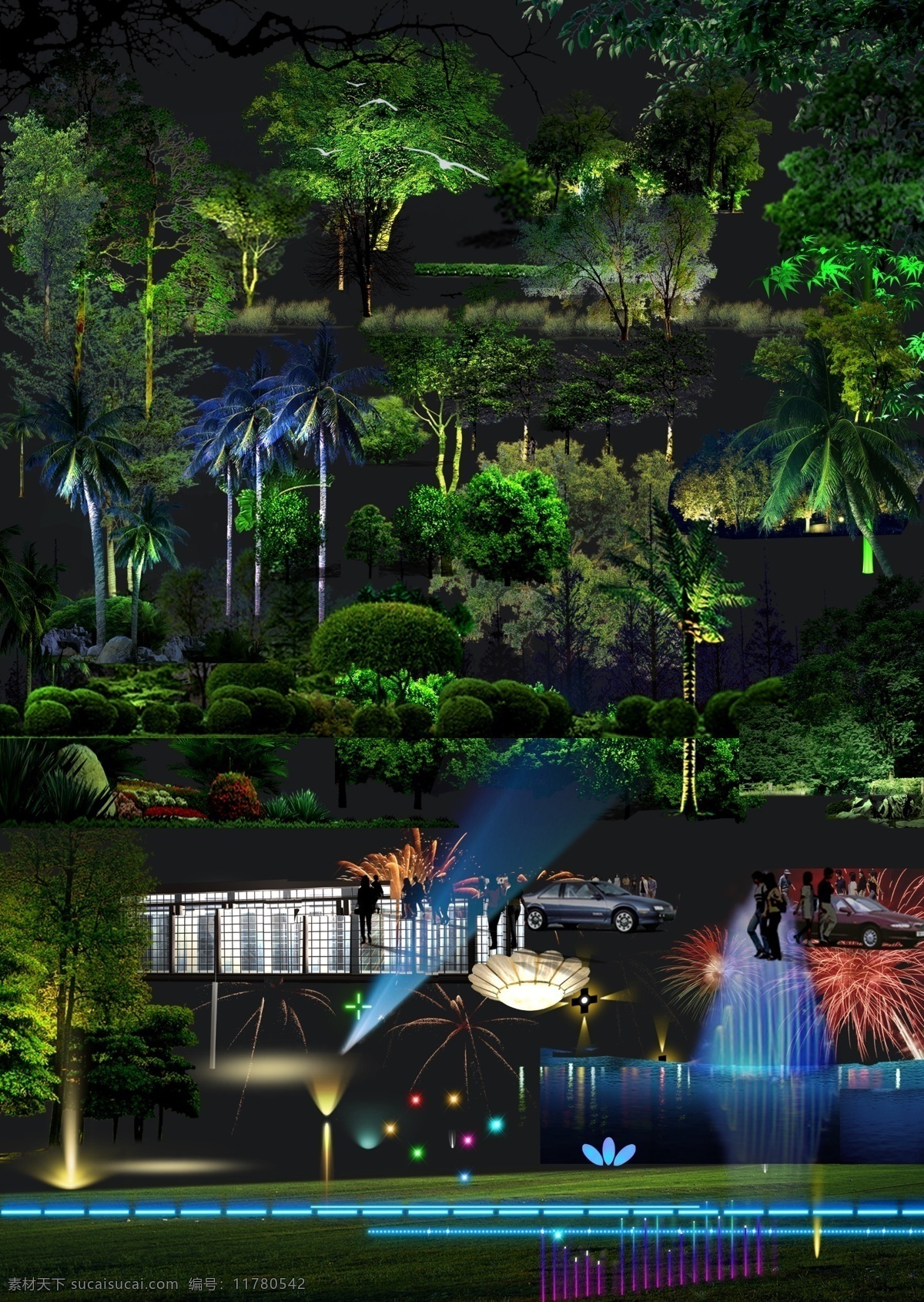 园林 夜景 树木 景观素材 绿化 人物 汽车 灯光 分层 源文件