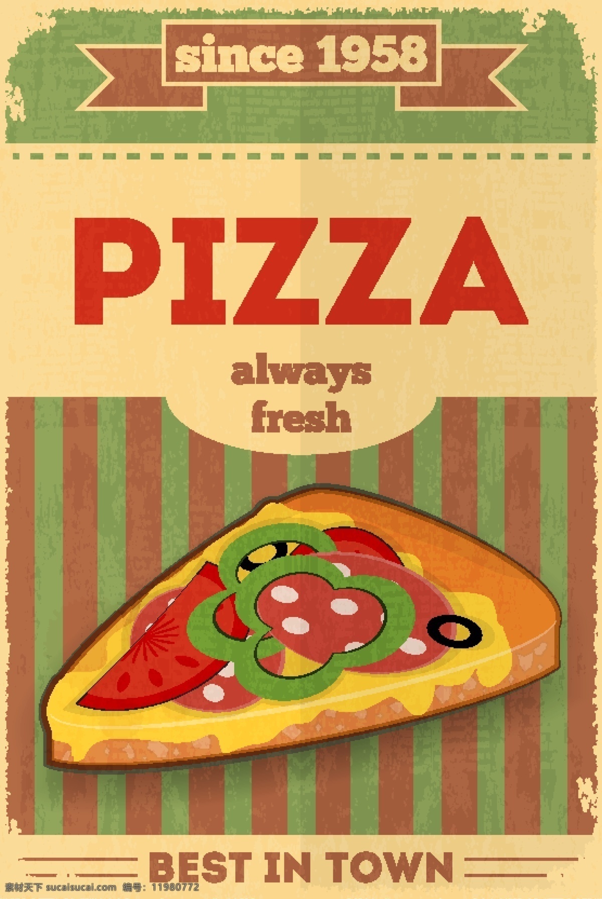 复古 广告 海报 绘画 食物 创意 彩色 背景 卡片 矢量 边框 文艺 可爱 披萨 黄色