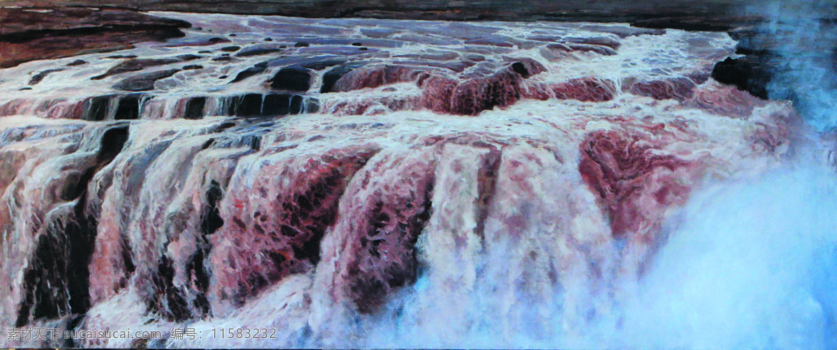 大河奔流 美术 油画 风景画 河流 瀑布 急流 裸石 绘画书法 文化艺术