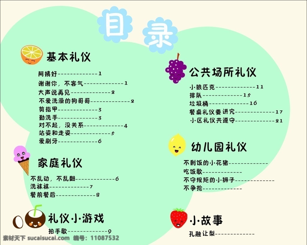 幼儿园 礼仪 课本 目录 基本礼仪 可爱卡通 画册设计