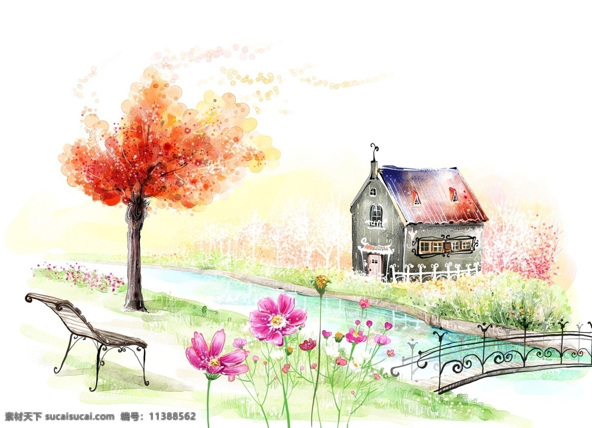 绘画风景 城镇风光 分层 psd25 设计素材 自然风情 分层插画 psd源文件 白色