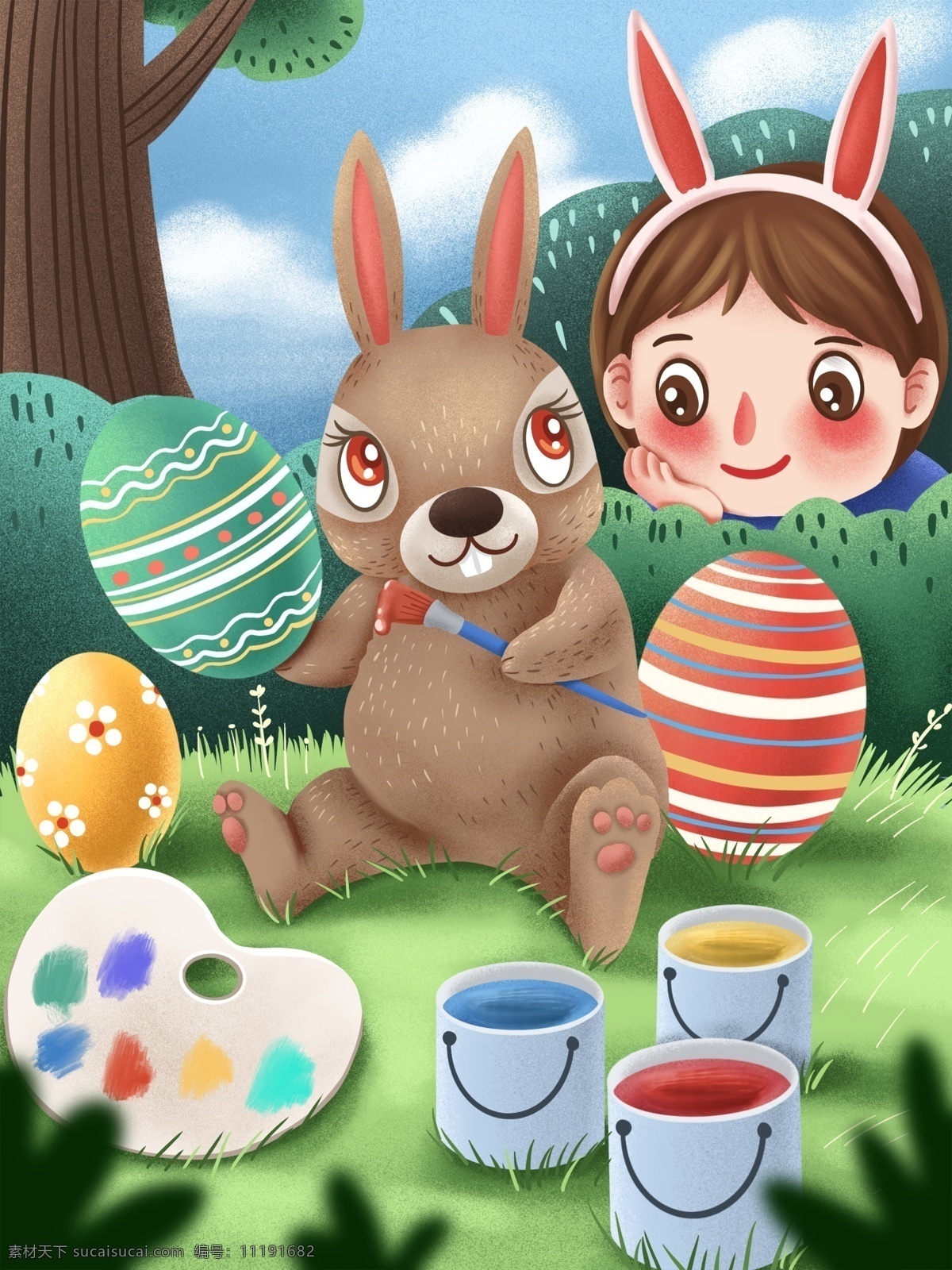 女孩 偷看 复活节 兔子 画 彩蛋 原创 插画 复活节兔子 画彩蛋 颜料 调色盘 森林 小清新